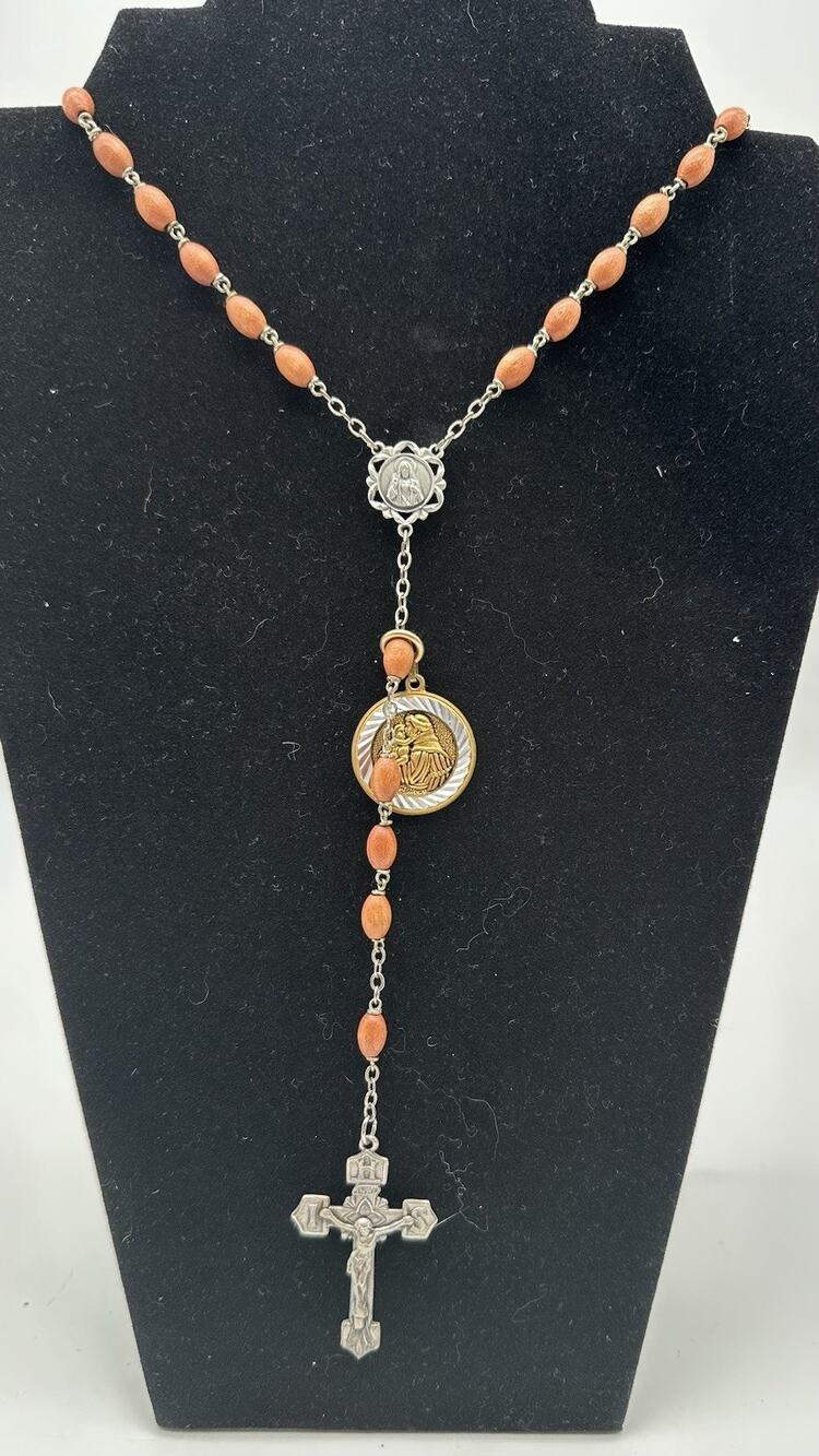 Italian VTG Sterling Silver Rosary Carved Wood Beads Catholic Medal Cross